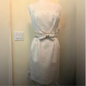 NWT Carmen Marc Valvo Cream Sleeveless Woven Dress with Matching Bow Belt